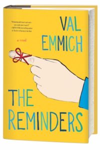 Cover of The Reminders by Val Emmich; string tied around pointing index finger of a white hand