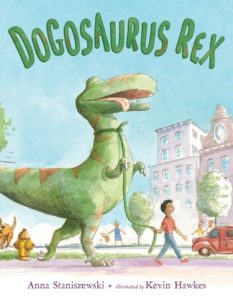 Cover of Dogosaurus Rex by Anna Staniszewki; boy walking with a leashed T. Rex