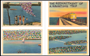 Four picture set clockwise from top left; women swimming; train running over water; river running through a field of flowers; sailboats in water